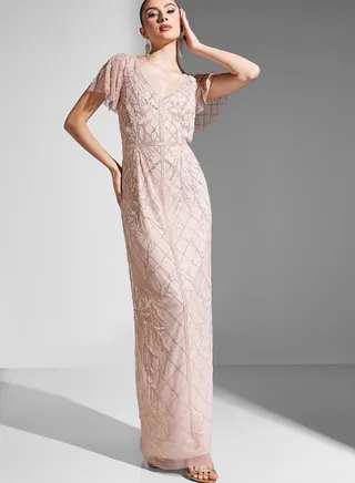 V-Neck Floral Embroidered Tiered Dress