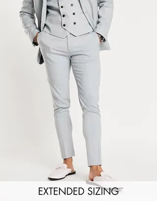 ASOS DESIGN wedding super skinny suit pants in blue fog micro texture