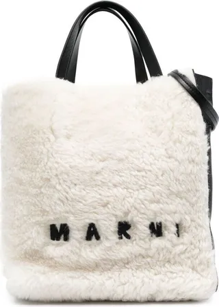 Museum White And Black Wool Shopper Bag With Logo Marni Woman