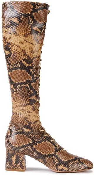 Lace-up snake-effect leather knee boots