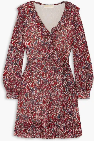 Ruffled paisley-print crepe wrap mini dress