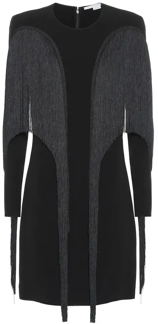 Fringe-trimmed crepe minidress