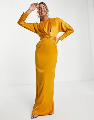 ASOS DESIGN satin maxi dress with batwing sleeve and wrap waist in mustard
