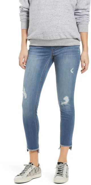 Raw Step Hem Distressed Ankle Skinny Maternity Jeans