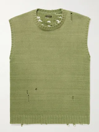 DistressedJacquard-Knit Sweater Vest