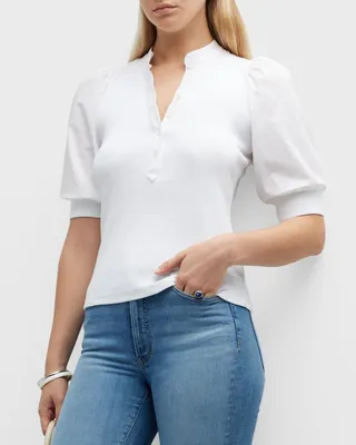 Coralee Knit Button-Front Puffed Sleeve Top