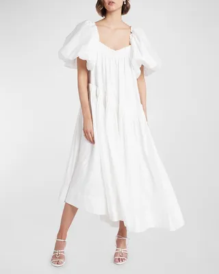 Severine Smock Puff-Sleeve Asymmetric Midi Dress