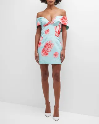 Floral-Print Draped Off-The-Shoulder Faille Mini Dress