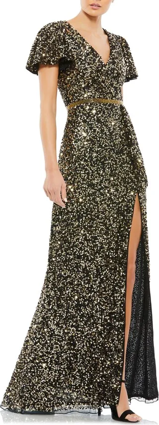 Sequin Flutter Sleeve Gown