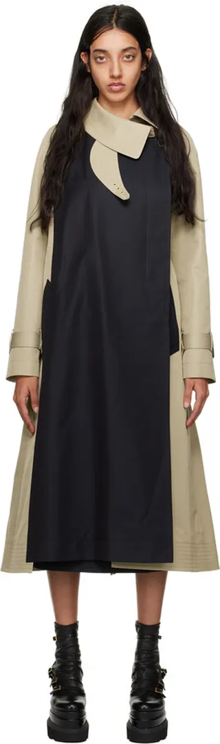 sacai Navy & Beige Paneled Trench Coat