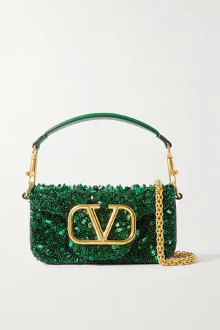 Valentino Garavani - Valentino Garavani Vlogo Embellished Leather Shoulder Bag - Green