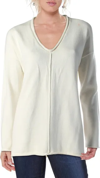 Womens V-Neck Roll Trim Pullover Sweater