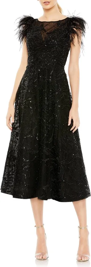 Feather Shoulder Beaded Tulle A-Line Dress