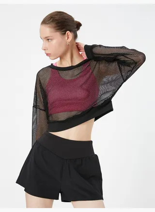 Crew Neck Long Sleeve Crop Mesh Detail Sport T-Shirt