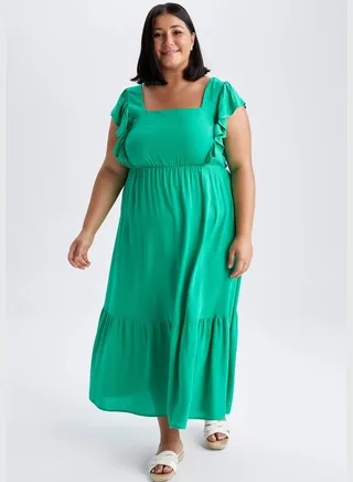 Woman A-Line Square Neck Short Sleeve Woven Dress
