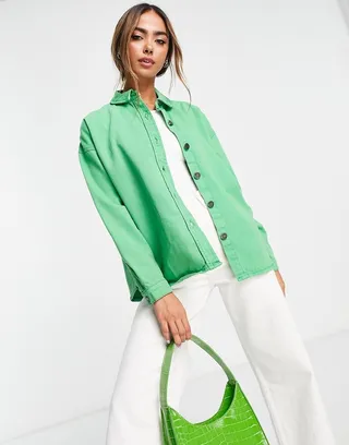 Noisy May long sleeve denim shirt in island green