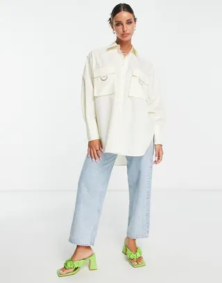 ASOS DESIGN oversized shirt with utility pockets in cream