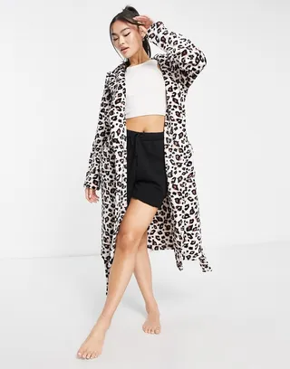 ASOS DESIGN super soft natural leopard fleece midi robe in brown
