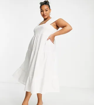 Vero Moda Curve shirred midi dress in white