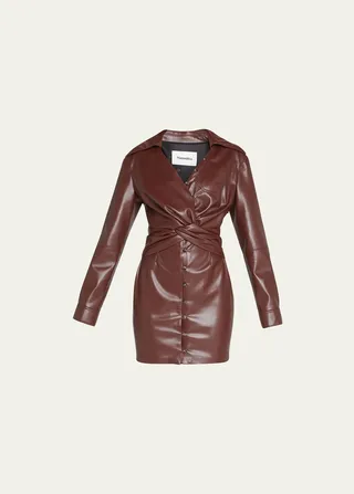 Marto Faux Leather Twisted Button-Front Mini Dress