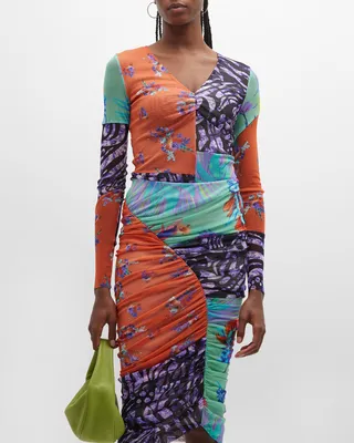 Patchwork-Print Long-Sleeve Tulle Top