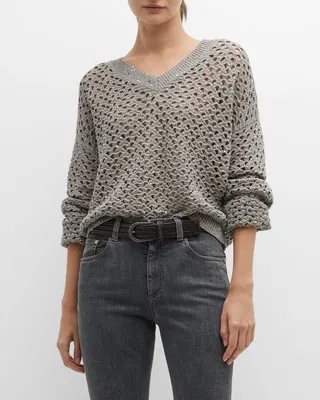 V-Neck Paillette Crochet Knit Sweater