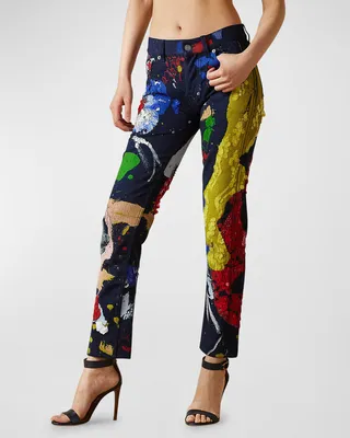 Embellished Paint Stroke 750 Straight-Leg Denim Pant