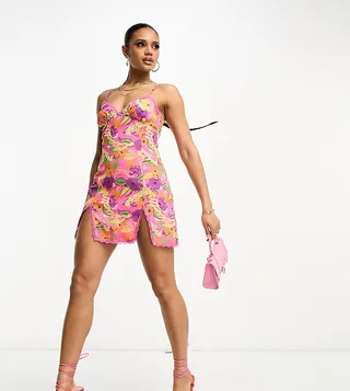 ASYOU lace trim split hem mini dress in pink graphic print