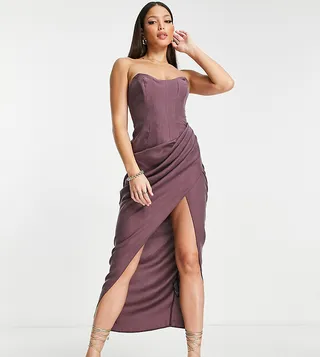 ASOS DESIGN Tall corset bandeau midi dress in washed fabric with drape detail skirt in wine