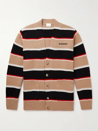 Logo-Embroidered Striped Wool and Cashmere-Blend Cardigan
