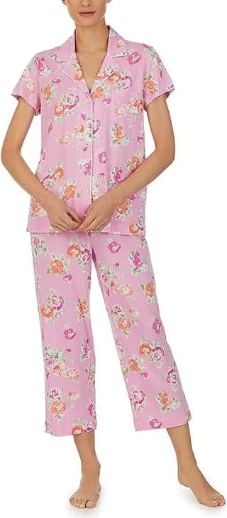 LAUREN Ralph Lauren Short Sleeve Knit Capris PJ Set (Pink Floral) Women's Pajama Sets