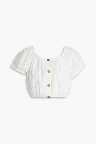 Cropped gathered broderie anglaise cotton top