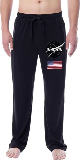 NASA Mens' Logo Icon American Flag Space Sleep Pajama Pants (Small) Black