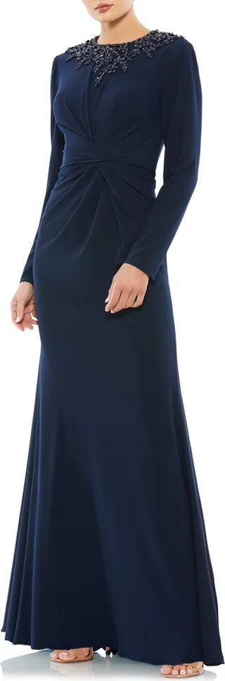 Beaded High Neck Long Sleeve Gown
