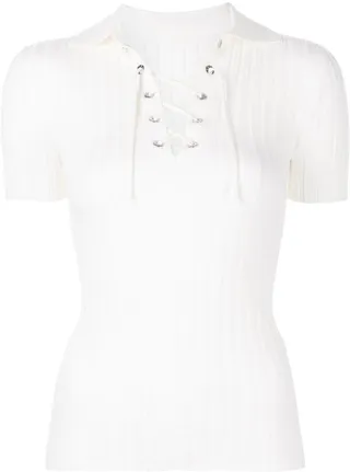 Lace-Up Ribbed-Knit Polo Shirt
