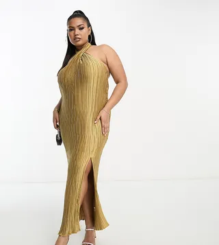 ASOS DESIGN Curve exclusive satin plisse twist halterneck midi dress in gold