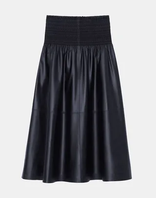 Nappa Lambskin Leather Smocked Waist Midi Skirt