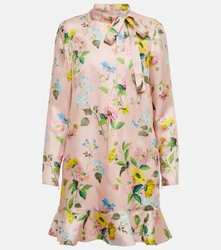 Floral tie-neck silk minidress