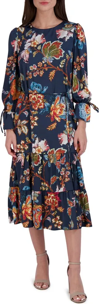 Floral Print Tie Waist Tiered Midi Dress