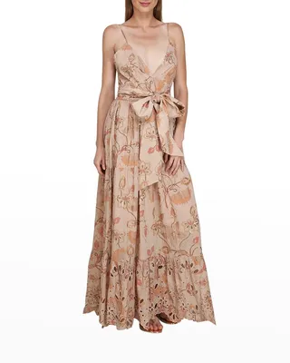 Las Canadas Floral Eyelet Belted Wrap Maxi Dress