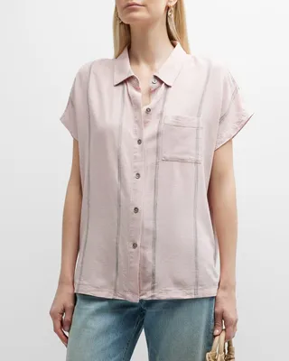 Giada Chalk Stripe Linen-Blend Camp Shirt