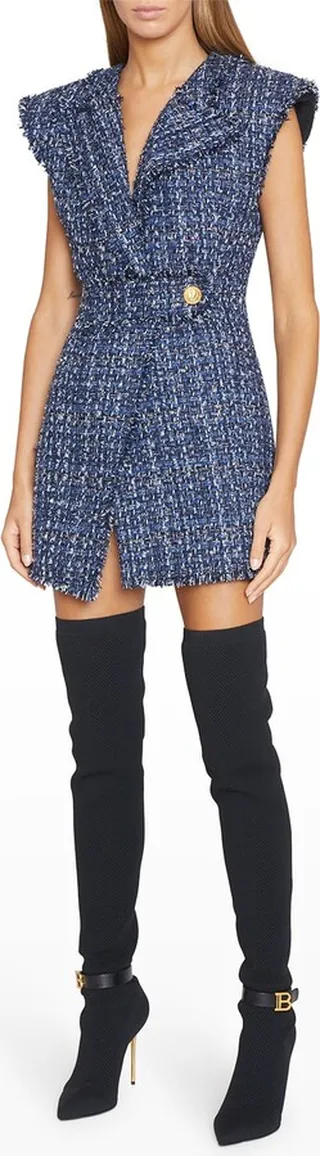 Strong-Shoulder Denim Tweed Mini Dress