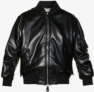 Womens Black Collared Ribbed-trim Woven Bomber Jacket