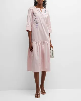 Embroidered Poplin Midi Dress with Ruffle Hem