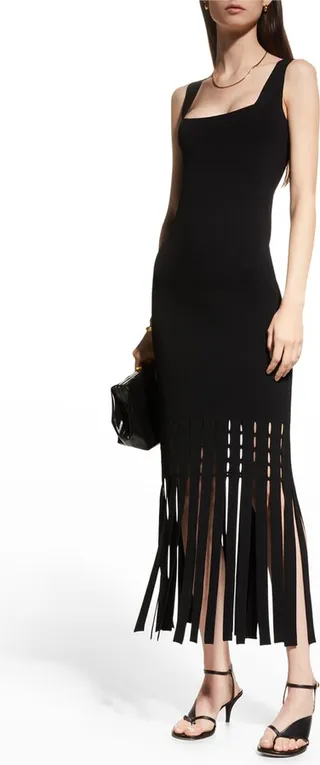 Laser-Cut Fringe Square-Neck Maxi Dress