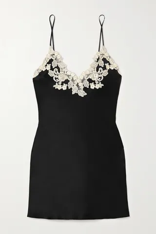 La Perla - Maison Embroidered Lace-trimmed Silk-satin Chemise - Black