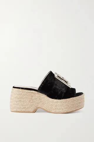 Roger Vivier - Crystal-embellished Velvet Espadrille Platform Mules - Black
