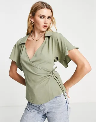 ASOS DESIGN collar wrap blouse in khaki