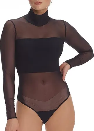 Commando Chic Mesh Mock Neck Paneled Bodysuit TU501 (Black) Women's Jumpsuit & Rompers One Piece