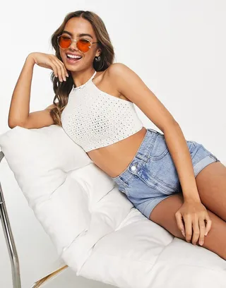 Stradivarius crochet cropped halter top in ecru